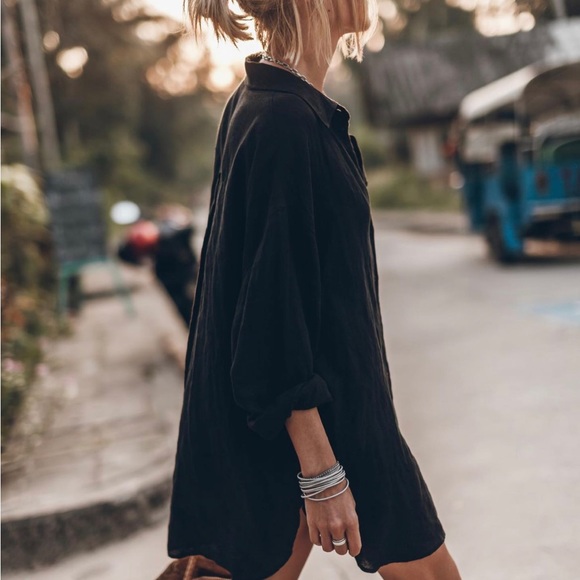 New Black Long Sleeve Button Front Shirt Dress Tunic Summer Beach Fall Market - Picture 1 of 8